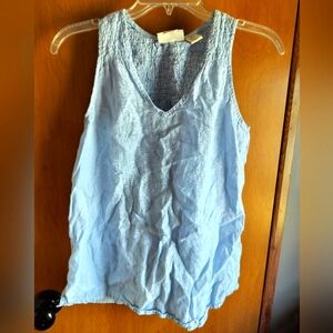 Cynthia Rowley Light Blue 100% Linen V Neck Tank Top With Smocked Back M